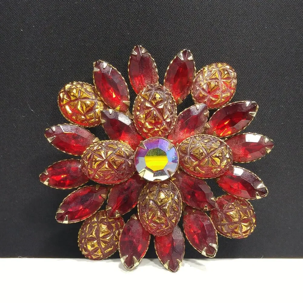 Judy Lee Red Rhinestone Brooch, Red Gold Molded Glass Petals, 1960s Vintage